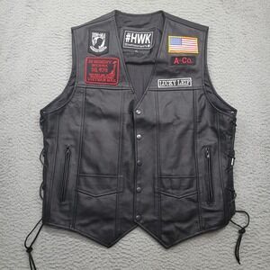 HWK Leather Vest Mens XL Black Vietnam Brotherhood Patches‎ Biker Motorcycle USA